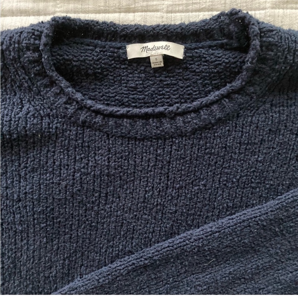 MADEWELL Textured Cropped Bell-Sleeve Sweater in Navy Blue - Size Small